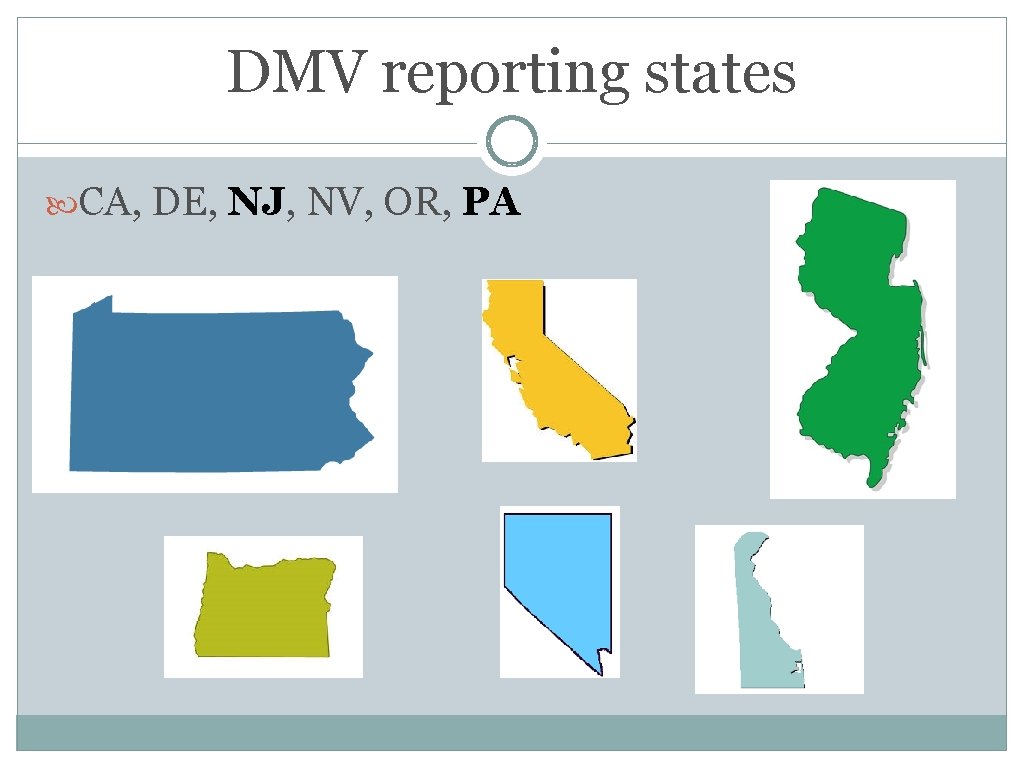 DMV reporting states CA, DE, NJ, NV, OR, PA DMV reporting states CA, DE, NJ, NV, OR, PA