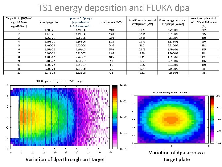 TS 1 energy deposition and FLUKA dpa Variation of dpa through out target Variation