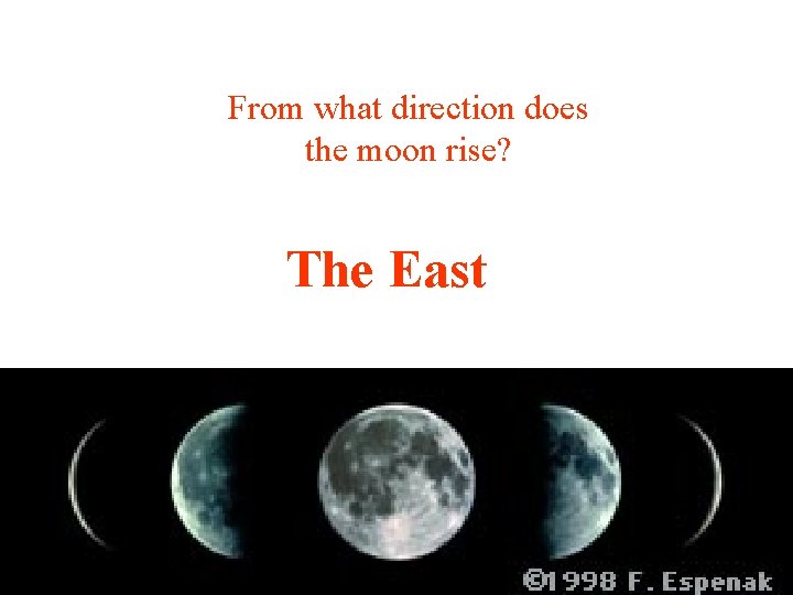 From what direction does the moon rise? The East 