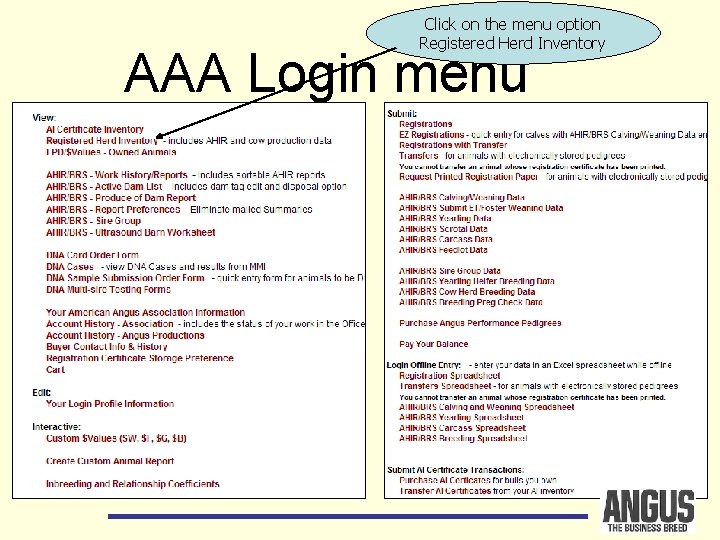 Click on the menu option Registered Herd Inventory AAA Login menu 