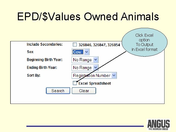 EPD/$Values Owned Animals Click Excel option To Output in Excel format 