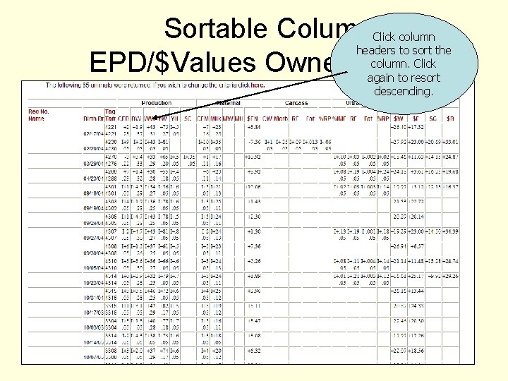 Sortable Columns EPD/$Values Owned Animals Click column headers to sort the column. Click again