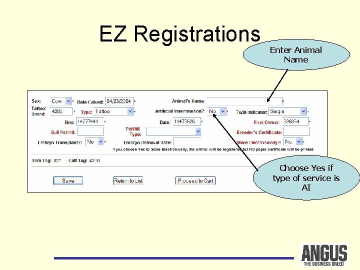 EZ Registrations Enter Animal Name Choose Yes if type of service is AI 