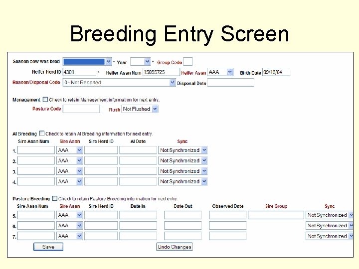 Breeding Entry Screen 