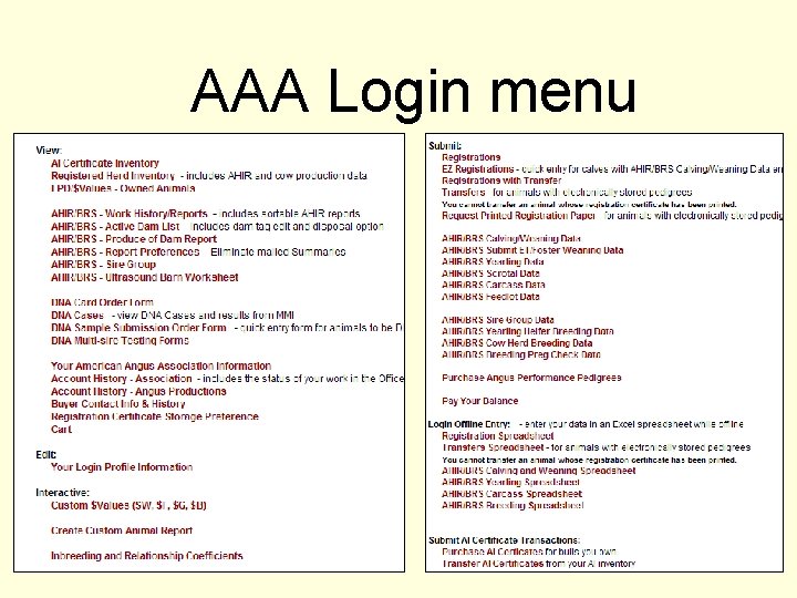 AAA Login menu 