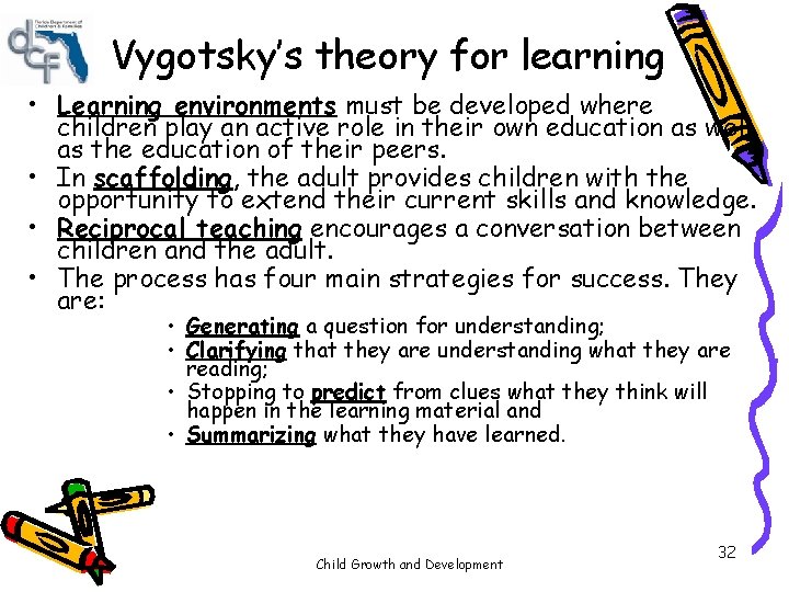 Vygotsky’s theory for learning • Learning environments must be developed where children play an Vygotsky’s theory for learning • Learning environments must be developed where children play an
