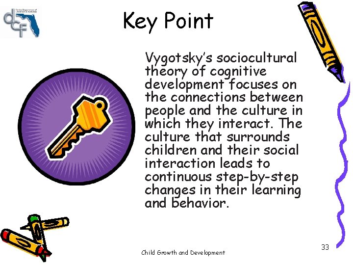 Key Point Vygotsky’s sociocultural theory of cognitive development focuses on the connections between people Key Point Vygotsky’s sociocultural theory of cognitive development focuses on the connections between people