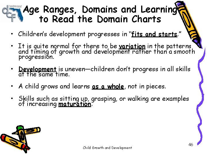 Age Ranges, Domains and Learning to Read the Domain Charts • Children’s development progresses Age Ranges, Domains and Learning to Read the Domain Charts • Children’s development progresses