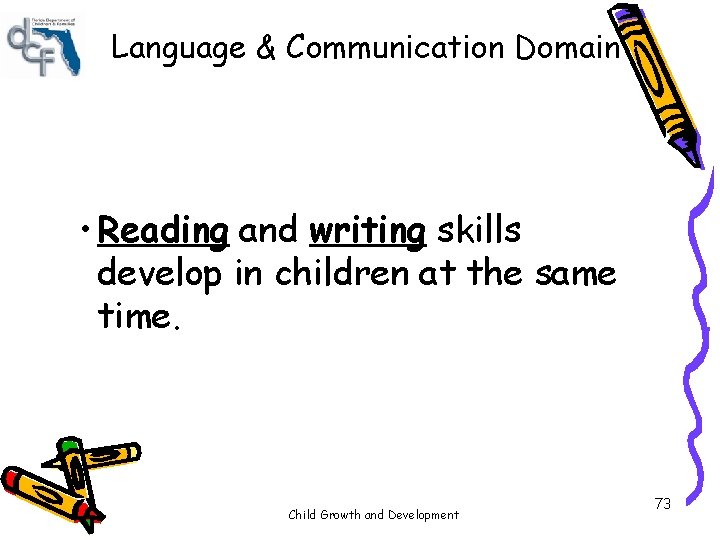 Language & Communication Domain • Reading and writing skills develop in children at the Language & Communication Domain • Reading and writing skills develop in children at the