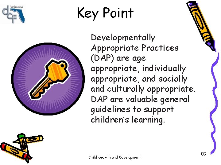 Key Point Developmentally Appropriate Practices (DAP) are age appropriate, individually appropriate, and socially and Key Point Developmentally Appropriate Practices (DAP) are age appropriate, individually appropriate, and socially and
