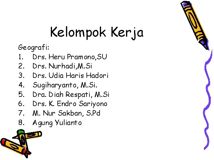 Kelompok Kerja Geografi: 1. Drs. Heru Pramono, SU 2. Drs. Nurhadi, M. Si 3.