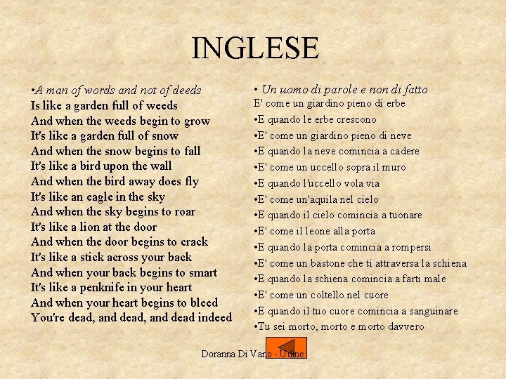 INGLESE • A man of words and not of deeds Is like a garden INGLESE • A man of words and not of deeds Is like a garden
