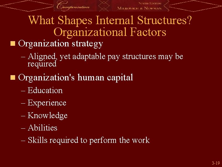 What Shapes Internal Structures? Organizational Factors n Organization strategy – Aligned, yet adaptable pay