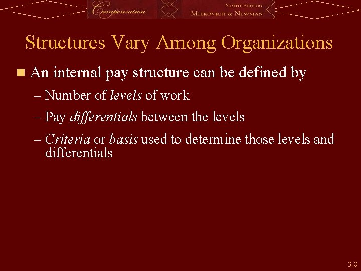 Structures Vary Among Organizations n An internal pay structure can be defined by –