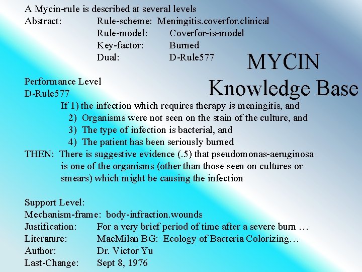 A Mycin-rule is described at several levels Abstract: Rule-scheme: Meningitis. coverfor. clinical Rule-model: Coverfor-is-model