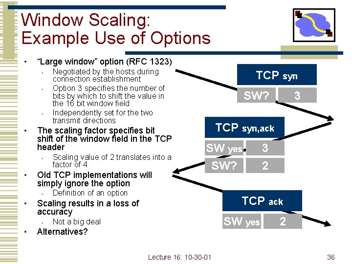 Window Scaling: Example Use of Options • “Large window” option (RFC 1323) • •