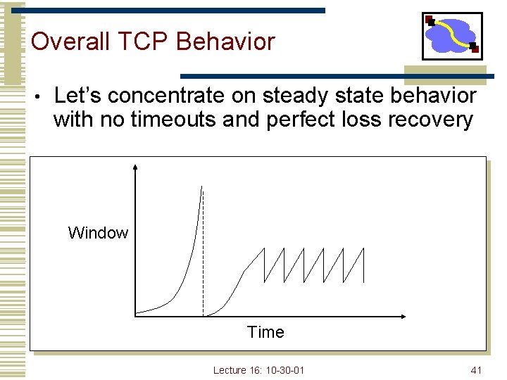 Overall TCP Behavior • Let’s concentrate on steady state behavior with no timeouts and