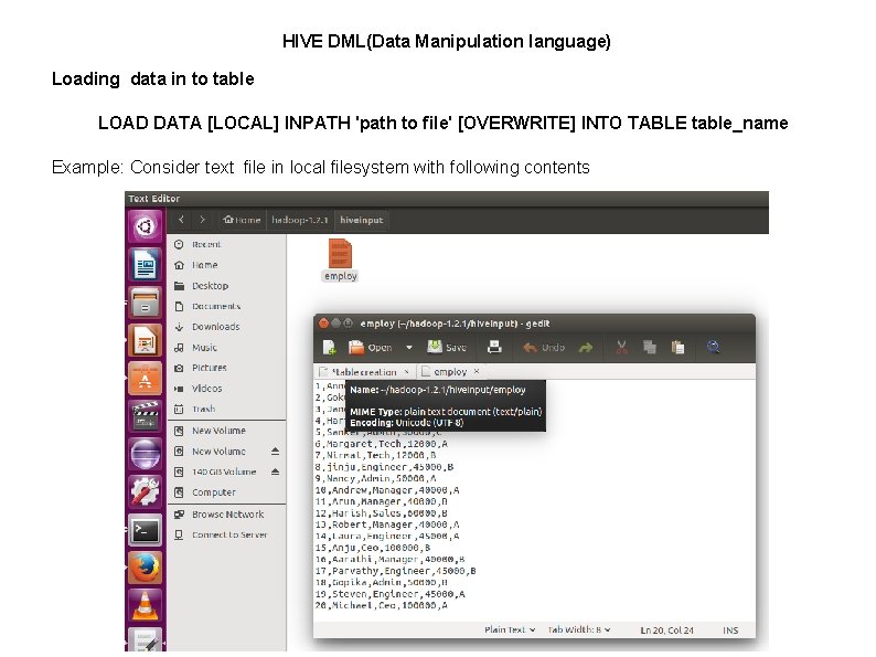 HIVE DML(Data Manipulation language) Loading data in to table LOAD DATA [LOCAL] INPATH 'path