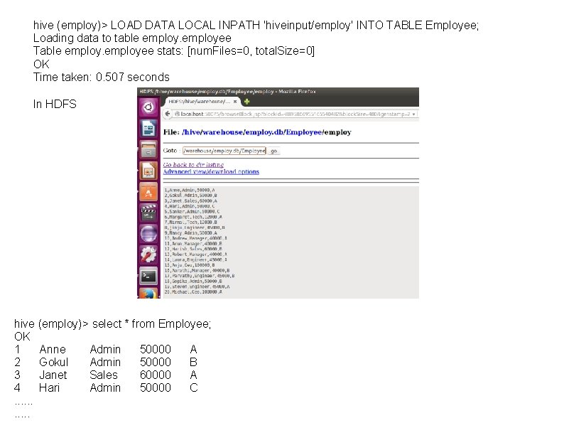 hive (employ)> LOAD DATA LOCAL INPATH 'hiveinput/employ' INTO TABLE Employee; Loading data to table