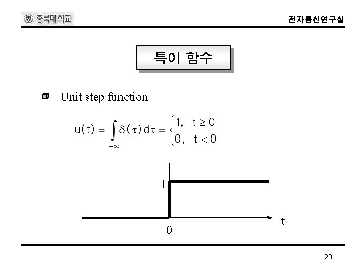 전자통신연구실 특이 함수 Unit step function 1 0 t 20 