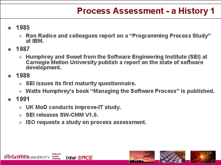 Process Assessment - a History 1 v 1985 ² v 1987 ² v Humphrey