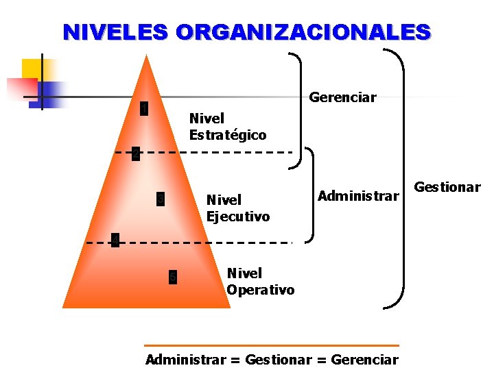 NIVELES ORGANIZACIONALES Gerenciar 1 Nivel Estratégico 2 Nivel Ejecutivo 3 Administrar 4 5 Nivel