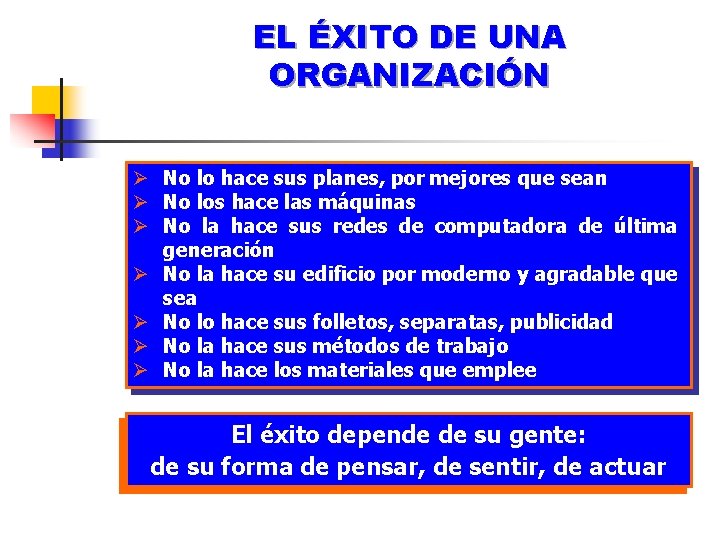 EL ÉXITO DE UNA ORGANIZACIÓN Ø No lo hace sus planes, por mejores que