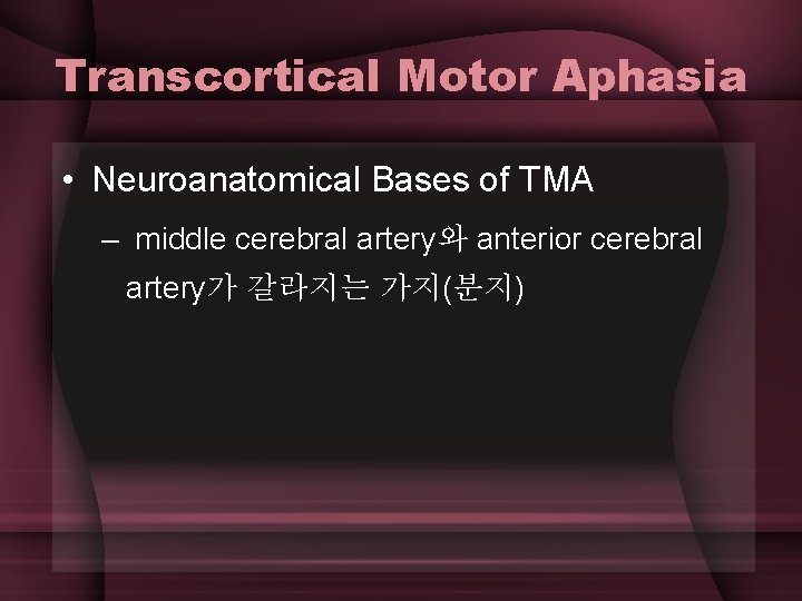Transcortical Motor Aphasia • Neuroanatomical Bases of TMA – middle cerebral artery와 anterior cerebral
