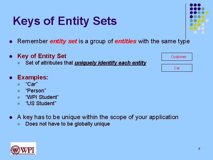 Keys of Entity Sets l Remember entity set is a group of entities with