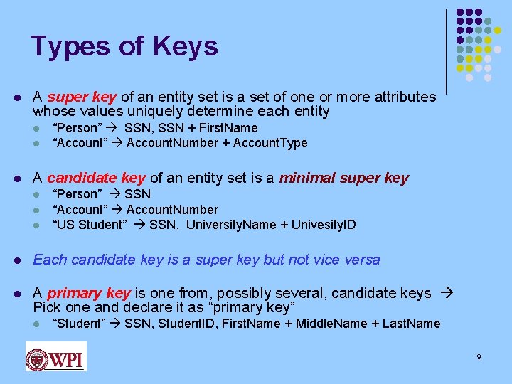 Types of Keys l A super key of an entity set is a set