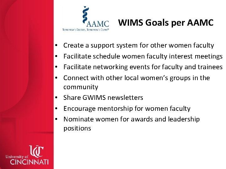 WIMS Goals per AAMC Create a support system for other women faculty Facilitate schedule