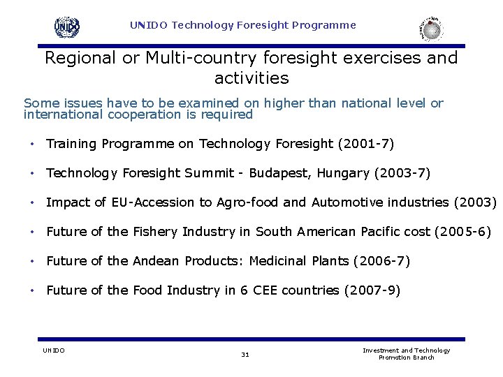 UNIDO Technology Foresight Programme Regional or Multi-country foresight exercises and activities Some issues have UNIDO Technology Foresight Programme Regional or Multi-country foresight exercises and activities Some issues have