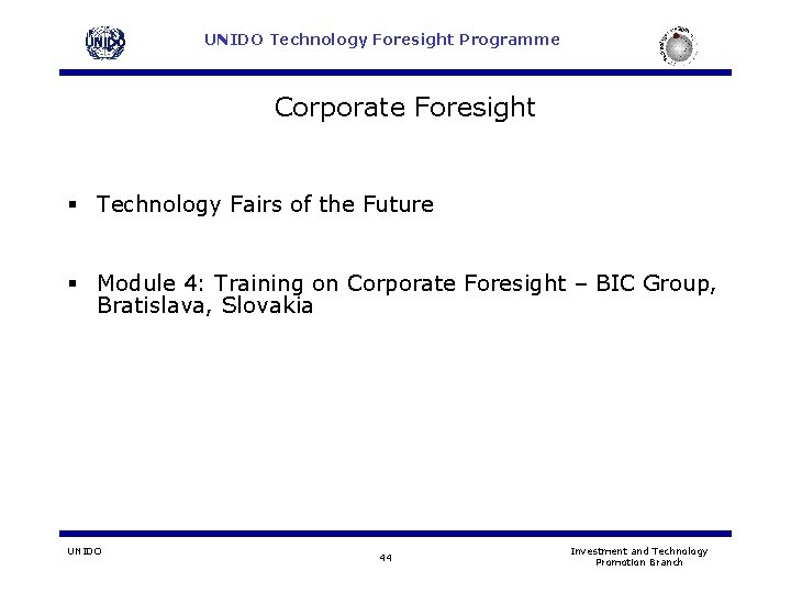 UNIDO Technology Foresight Programme Corporate Foresight § Technology Fairs of the Future § Module UNIDO Technology Foresight Programme Corporate Foresight § Technology Fairs of the Future § Module