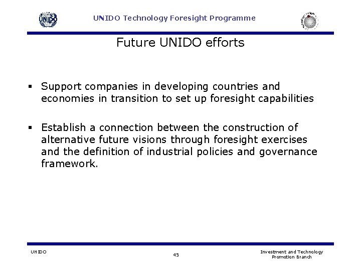 UNIDO Technology Foresight Programme Future UNIDO efforts § Support companies in developing countries and UNIDO Technology Foresight Programme Future UNIDO efforts § Support companies in developing countries and
