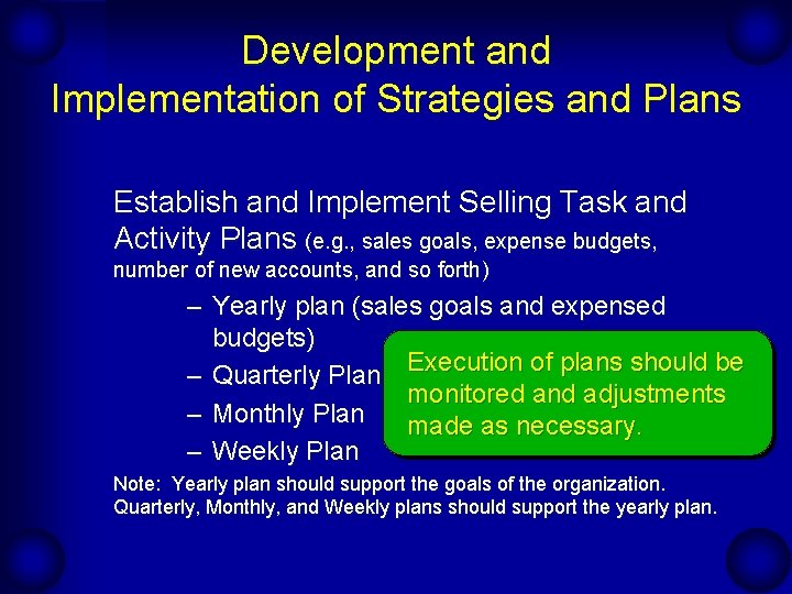 Development and Implementation of Strategies and Plans Establish and Implement Selling Task and Activity