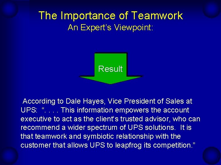 The Importance of Teamwork An Expert’s Viewpoint: Result According to Dale Hayes, Vice President