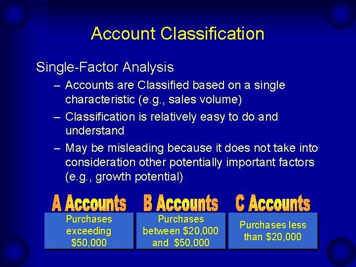 Account Classification Single-Factor Analysis – Accounts are Classified based on a single characteristic (e.
