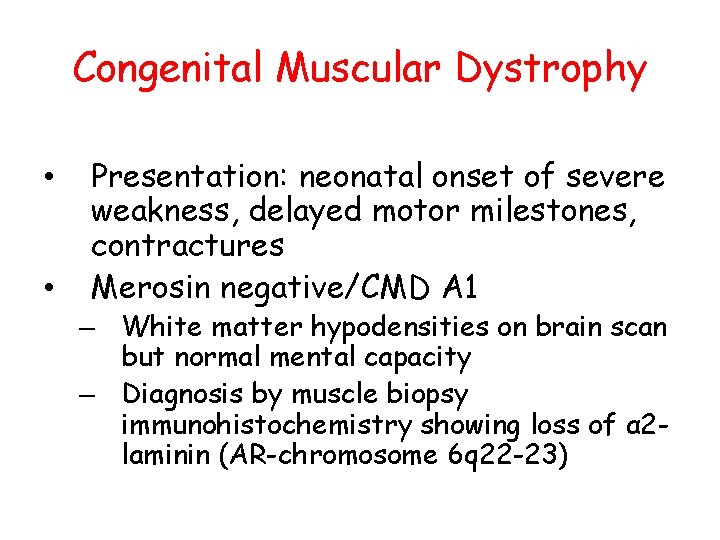 Congenital Muscular Dystrophy • • Presentation: neonatal onset of severe weakness, delayed motor milestones,