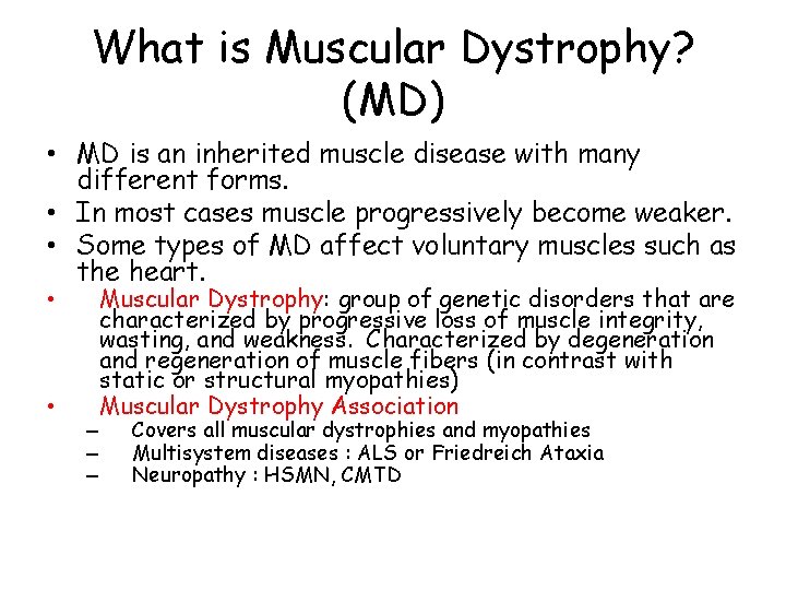 What is Muscular Dystrophy? (MD) • MD is an inherited muscle disease with many