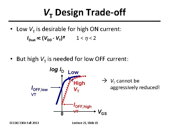 VT Design Trade-off • Low VT is desirable for high ON current: IDsat (VDD