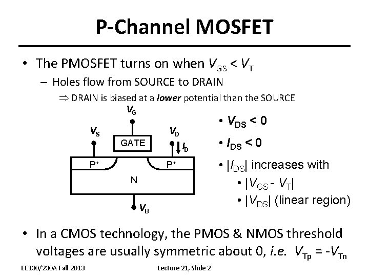 P-Channel MOSFET • The PMOSFET turns on when VGS < VT – Holes flow