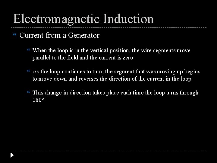 Electromagnetic Induction Current from a Generator When the loop is in the vertical position,