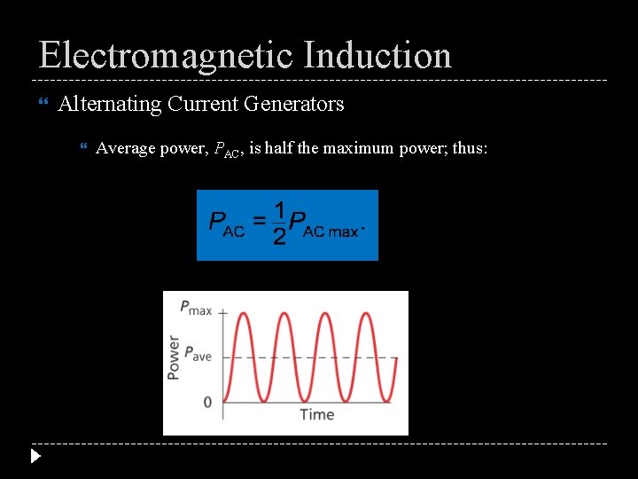 Electromagnetic Induction Alternating Current Generators Average power, PAC, is half the maximum power; thus: