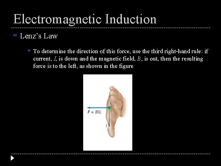 Electromagnetic Induction Lenz’s Law To determine the direction of this force, use third right-hand