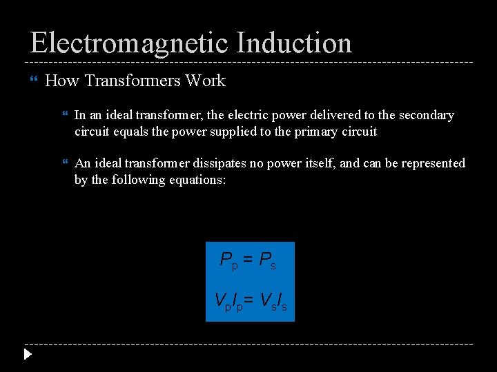 Electromagnetic Induction How Transformers Work In an ideal transformer, the electric power delivered to