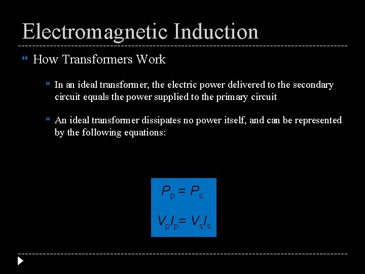 Electromagnetic Induction How Transformers Work In an ideal transformer, the electric power delivered to