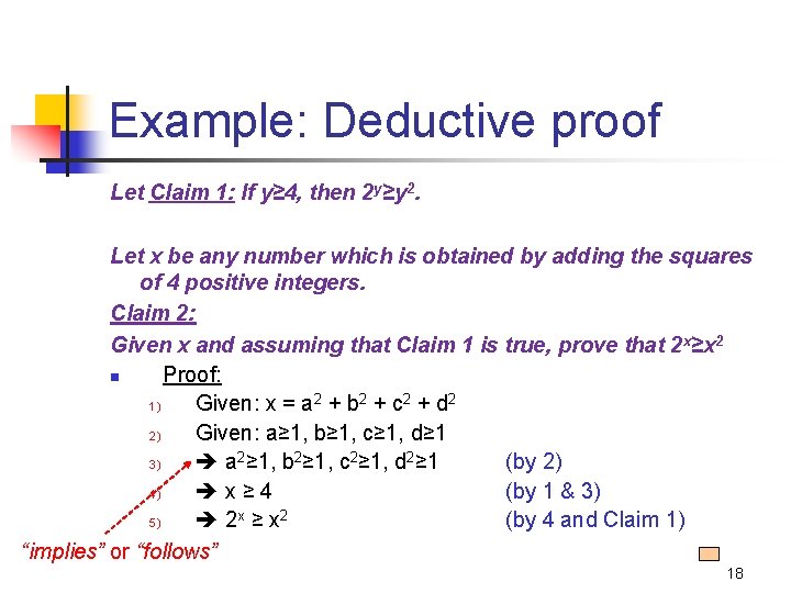 Example: Deductive proof Let Claim 1: If y≥ 4, then 2 y≥y 2. Let