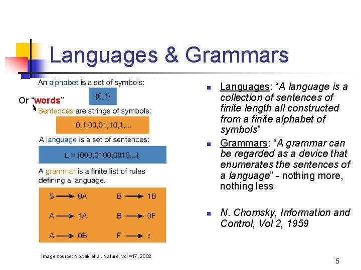 Languages & Grammars n Or “words” n n Image source: Nowak et al. Nature,