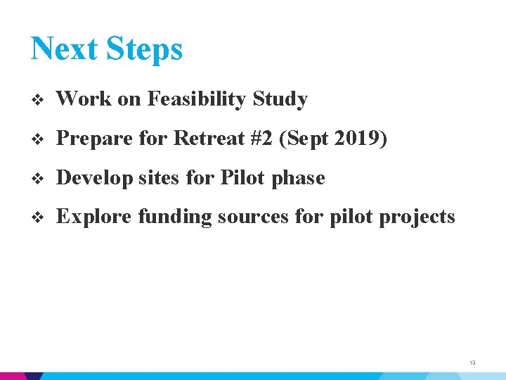 Next Steps v Work on Feasibility Study v Prepare for Retreat #2 (Sept 2019)