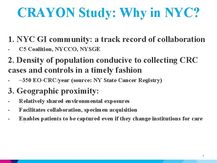 CRAYON Study: Why in NYC? 1. NYC GI community: a track record of collaboration